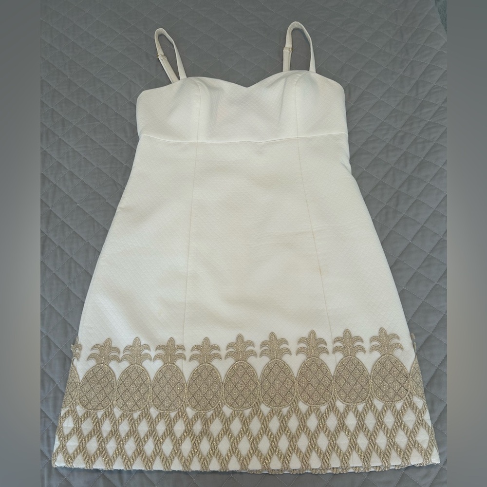 Lilly Pulitzer White Mini Dress with Gold Pineapple Embroidery